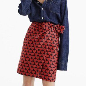 J. Crew Wrap Skirt in Jacquard Hearts Red Black Bow Size 4 - NWOT